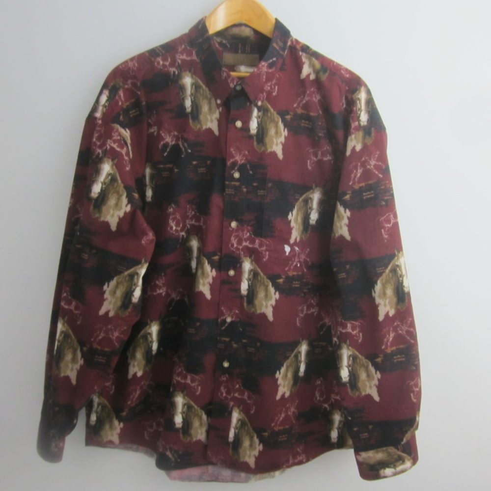 Vintage Gallop Shirt Mens XXL 2XL Brown Maroon Horses LS Cotton Shirt Western